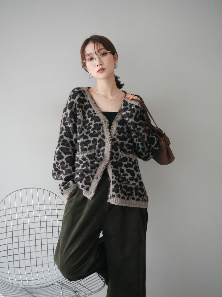 [予約]アニマル柄ステッチニットカーディガン/brown