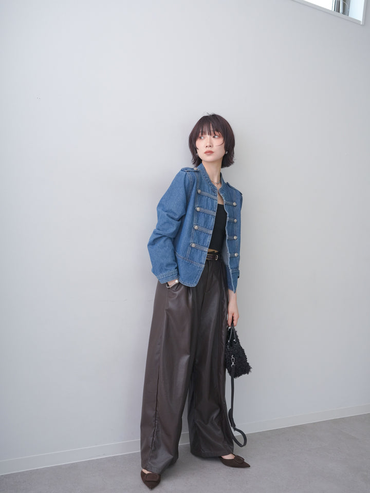 [SET]ナポレオンデニムジャケット+フェイクレザーワイドパンツ(2set)