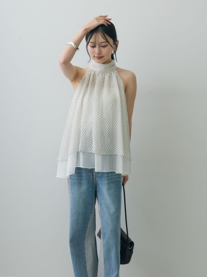 [SET]ドットレイヤードホルターブラウス+デニム切替スウェットパンツ(2set)