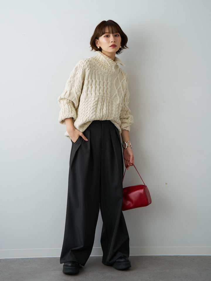 【套裝】領口紐扣混紡麻花針織上衣+斜紋褶襉闊腿褲（兩件套）