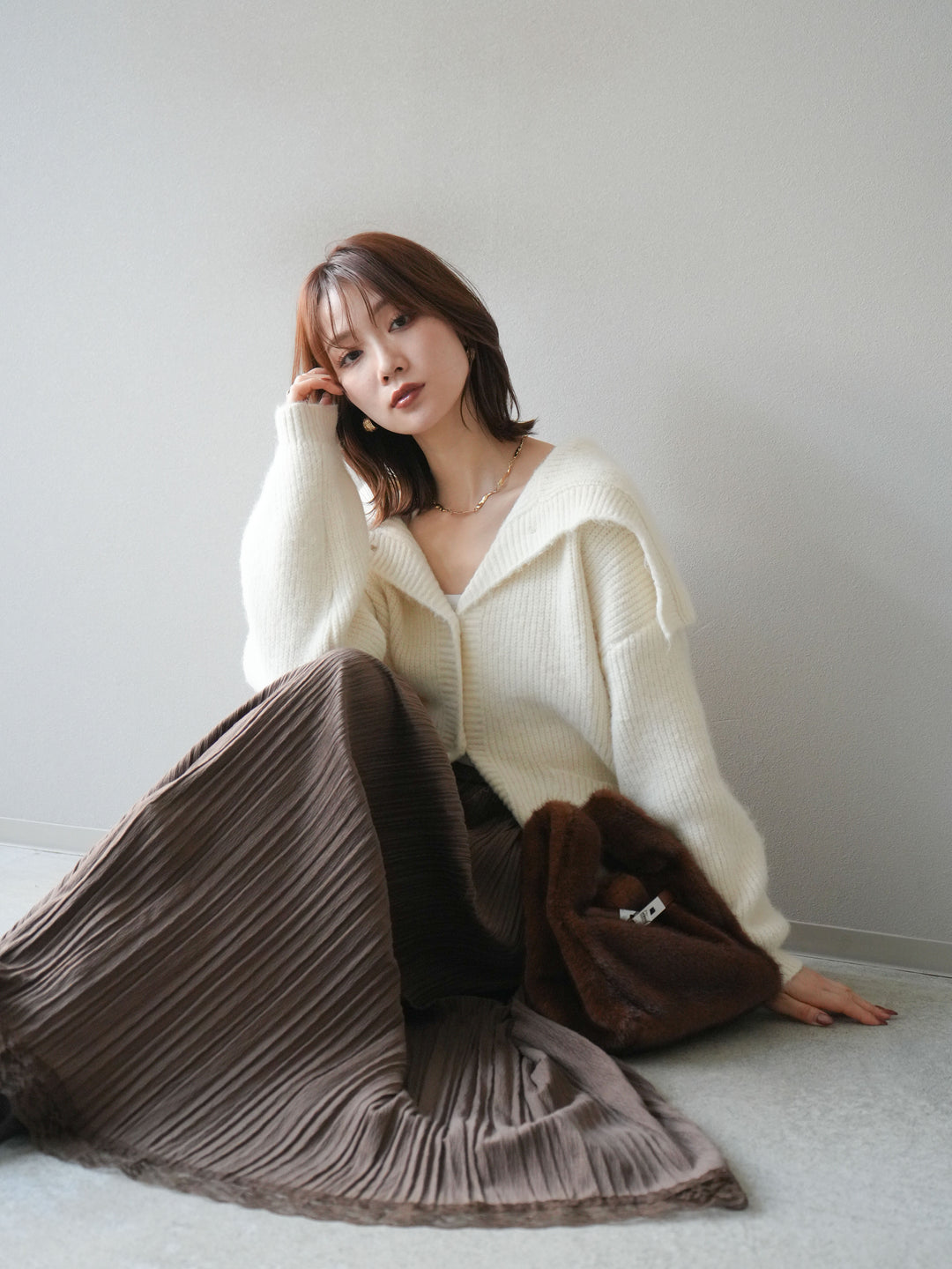 [予約]襟付きボタンオーバーニットカーディガン/ivory