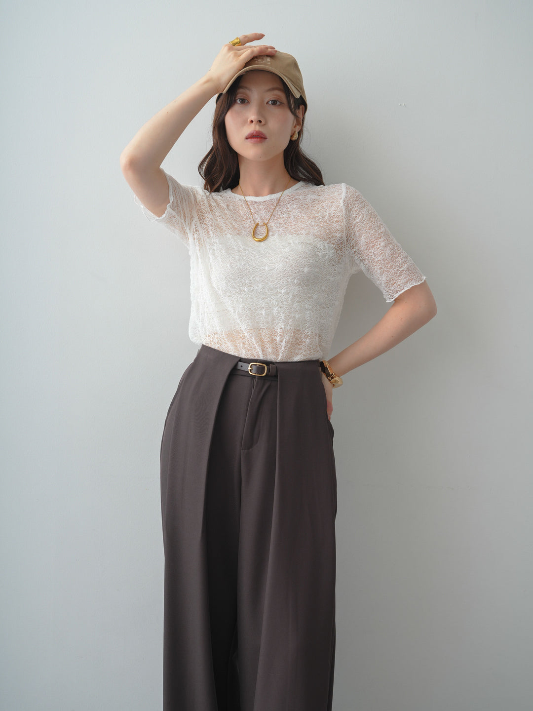 [SET]フラワーモチーフレーストップス+ベルトループデザインワイドパンツ(2set)