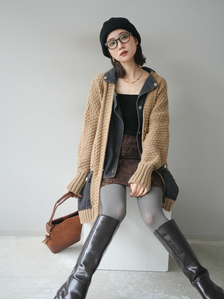 [SET]デニム襟レイヤードニットジャケット+デニム襟レイヤードニットジャケット(2set)