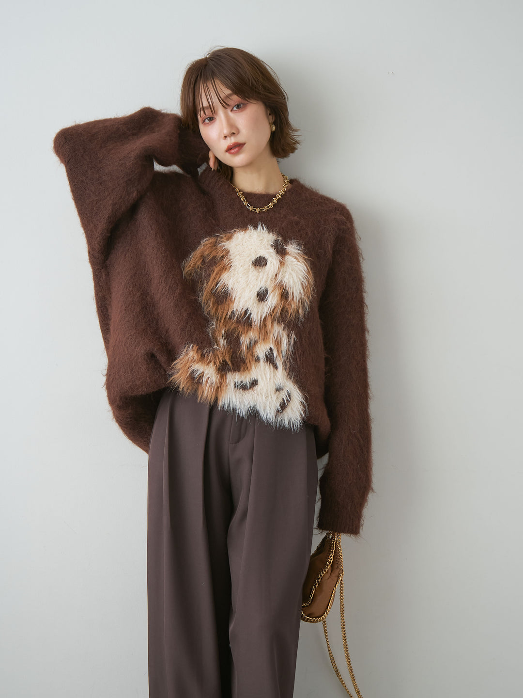 [予約]シャギードッグモチーフニットトップス/brown
