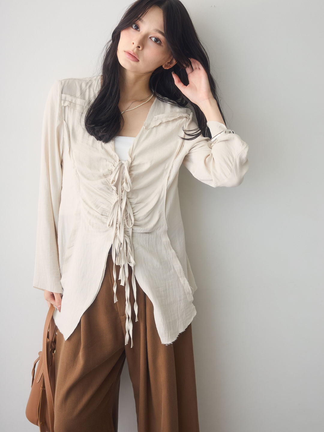 [SET]フロントギャザーリボンブラウス+ツータックドレープストレートパンツ(2set)