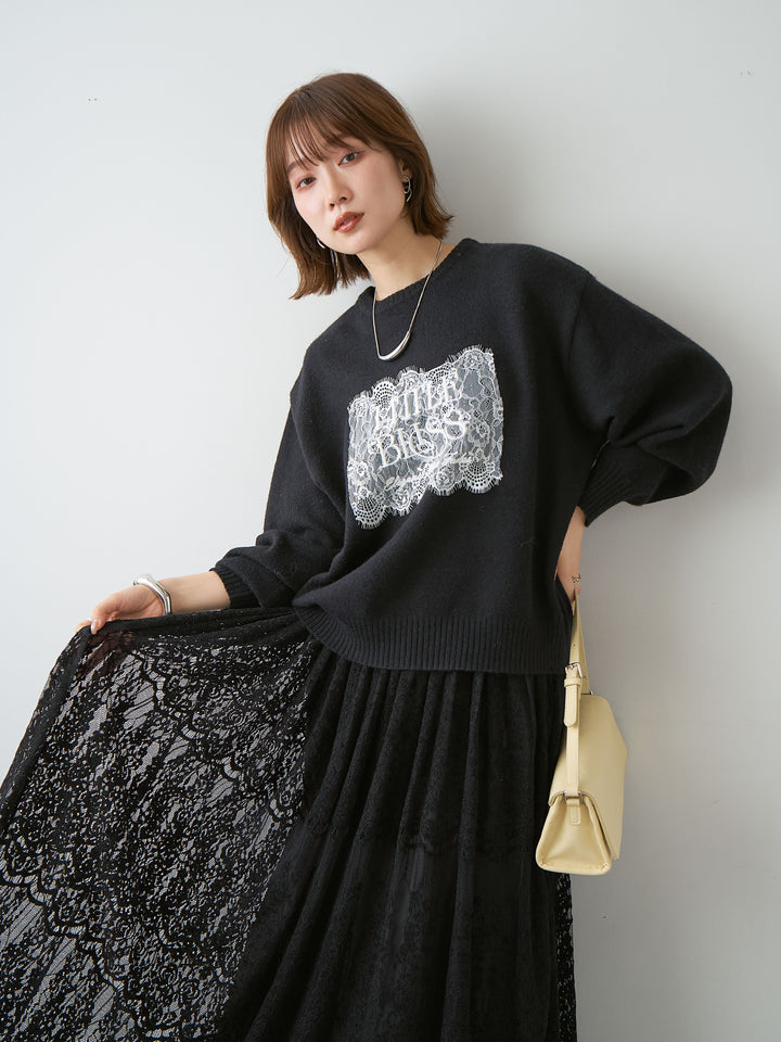 [SET]アルパカタッチ刺繍レースロゴニットプルオーバー+ベロアレースドレープフレアスカート(2set)