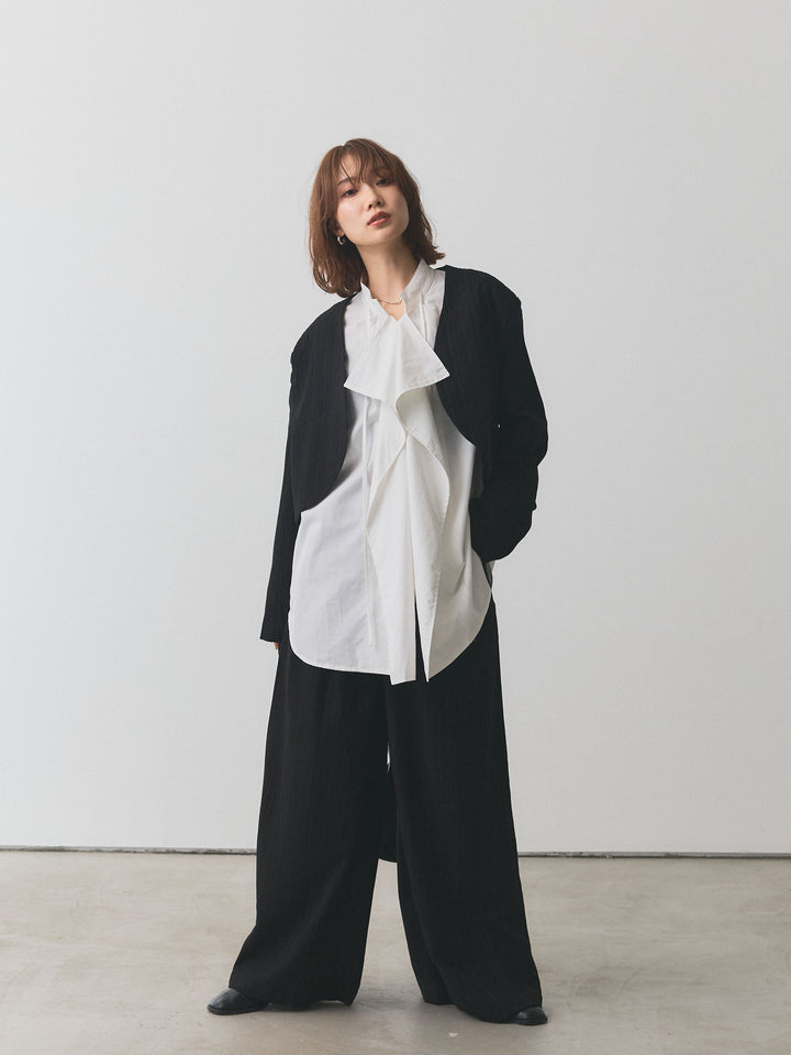 【Allure】[SET]ヘリンボーンショートジャケット＆ワイドパンツSET UP+ピーチスキンデザインネックオーバーシャツ(2set)