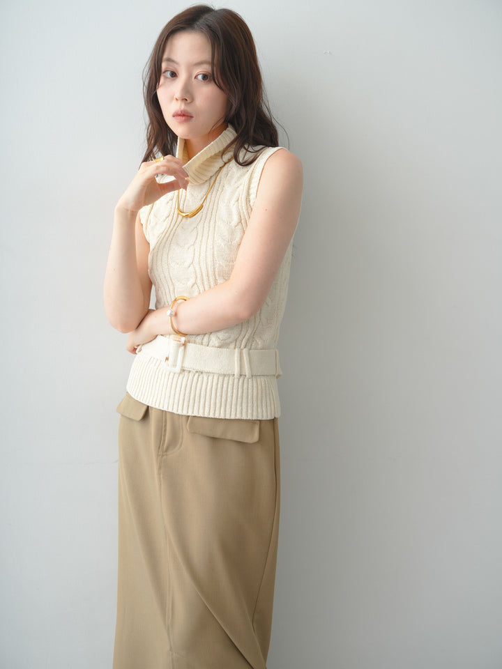 [SET]ベルト付ケーブルノースリニットトップス+クレープデシンフラップ付きストレートスカート(2set)