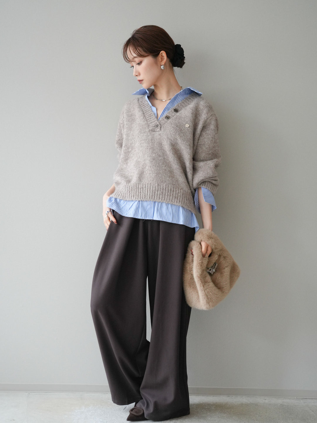[SET]ストライプシャツドッキングMIXヤーンニットプルオーバー+ベルトループデザインワイドパンツ(2set)