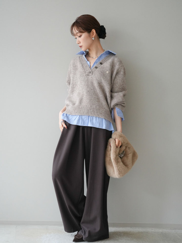 [SET]ストライプシャツドッキングMIXヤーンニットプルオーバー+ベルトループデザインワイドパンツ(2set)