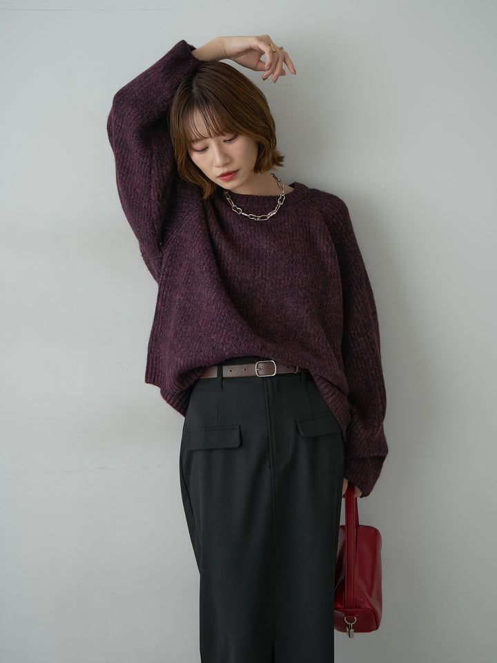 [SET]メランジクルーネックワイドプルオーバー+クレープデシンフラップ付きストレートスカート(2set)
