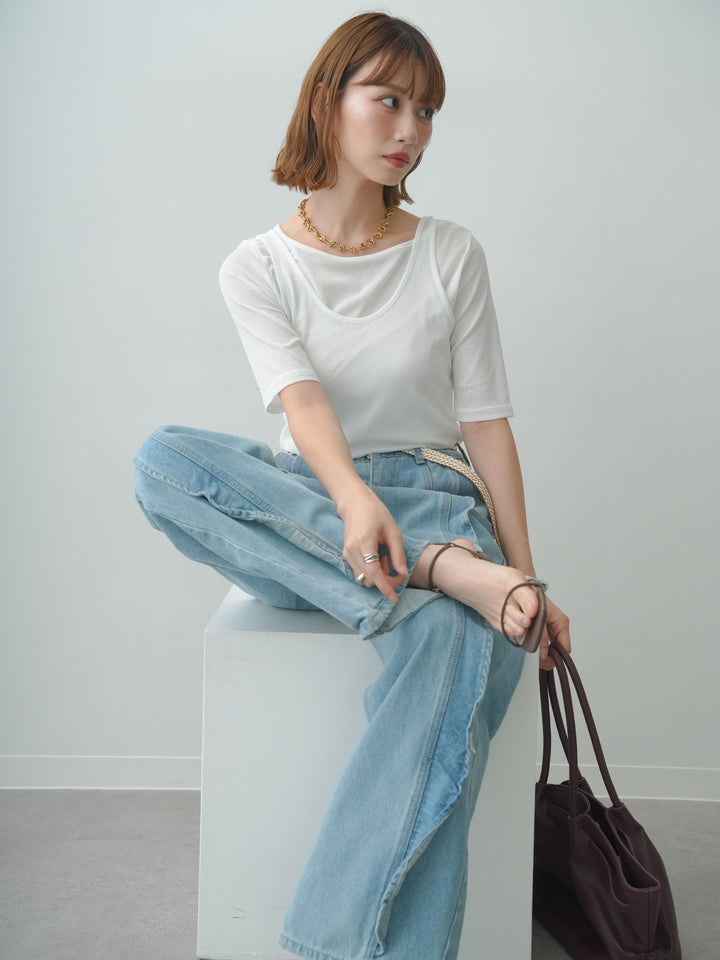 [SET]前後2wayシアーアシメレイヤード風TEE+フリルラインワイドデニム(2set)
