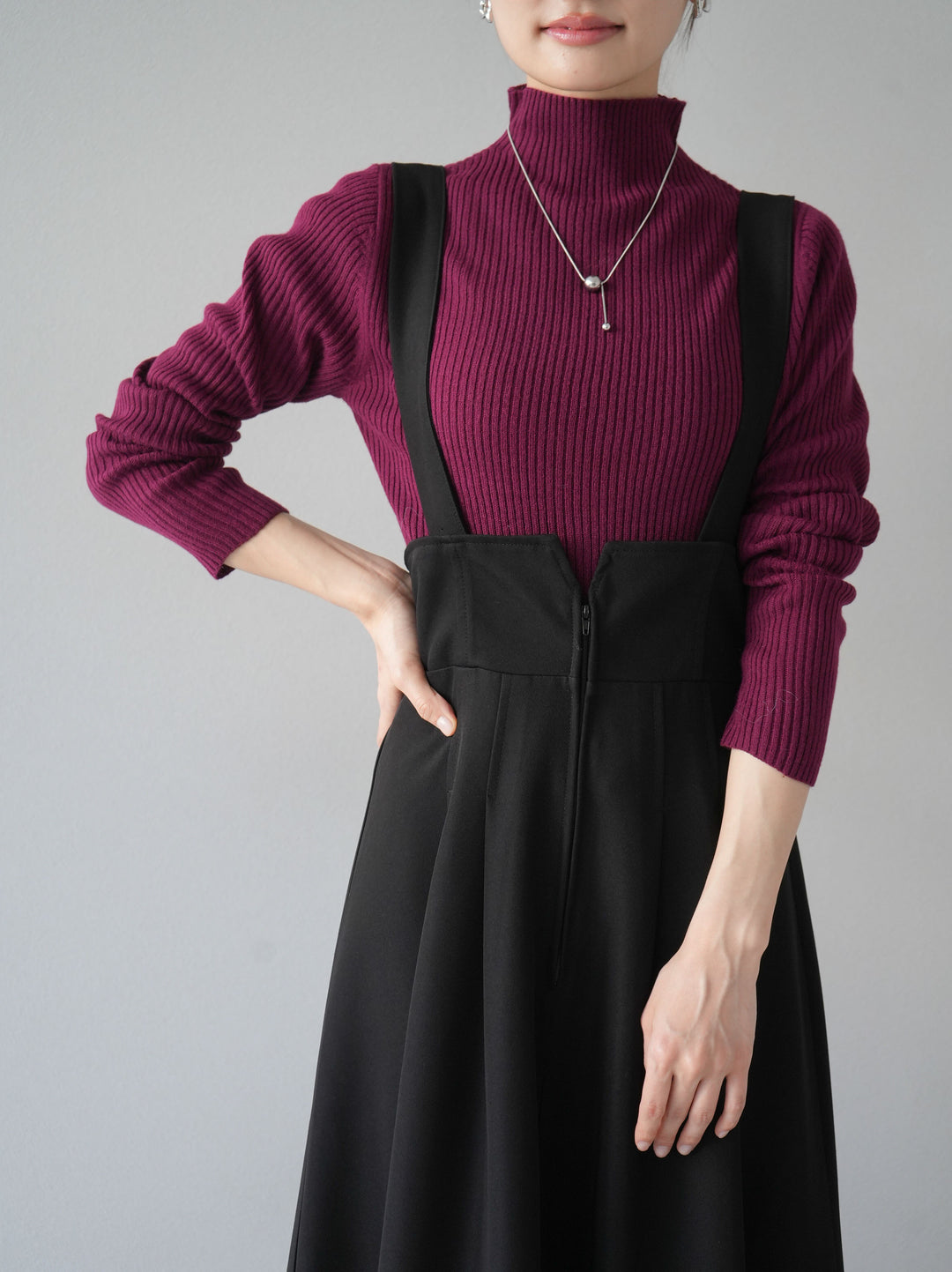 [預訂] 瓶頸式羅紋針織上衣/酒紅色