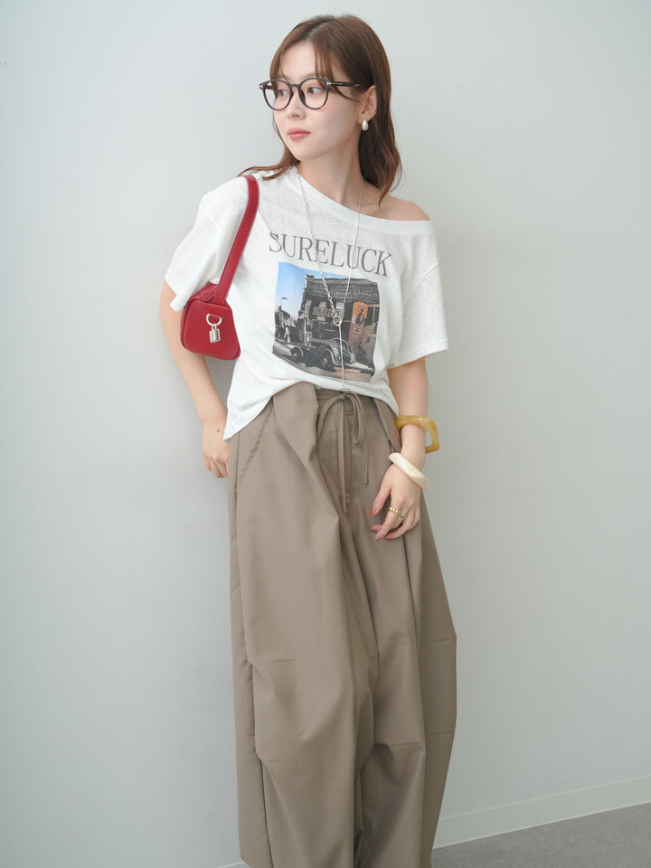 [SET]ワイドネックプリントTEE+ベルトループカーブタックワイドパンツ(2set)