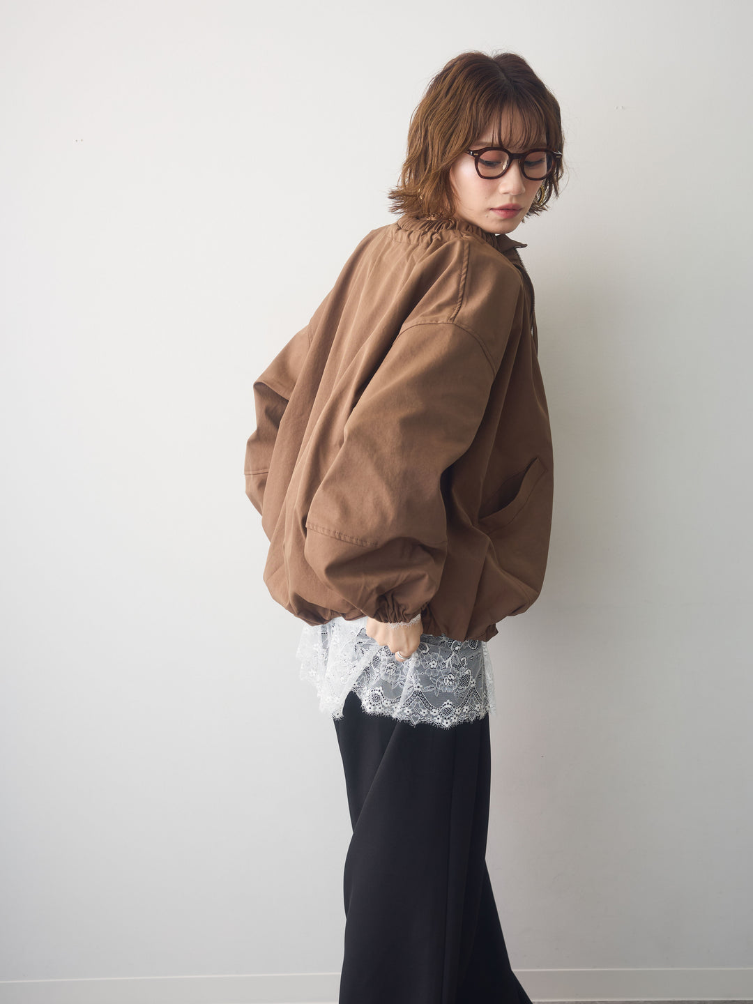 [SET]ギャザーネックオーバーブルゾン+レーストリムロングTシャツ+ツイルタックワイドパンツ(3set)