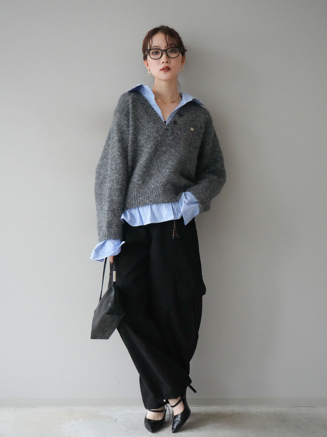 [SET]ストライプシャツドッキングMIXヤーンニットプルオーバー+ベルト付コーデュロイカーゴパンツ(2set)