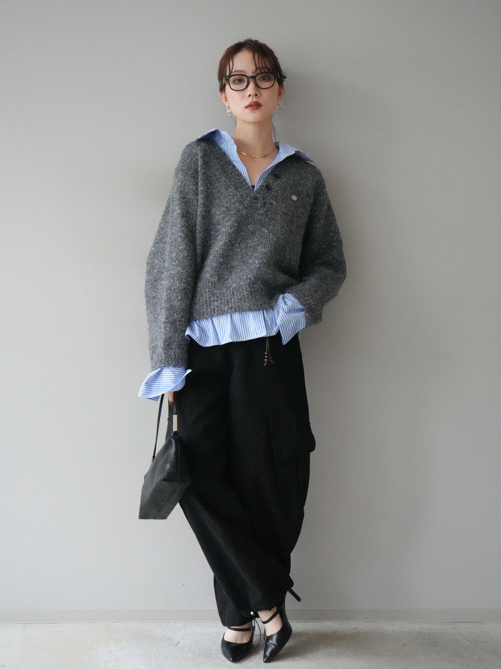 [SET]ストライプシャツドッキングMIXヤーンニットプルオーバー+ベルト付コーデュロイカーゴパンツ(2set)