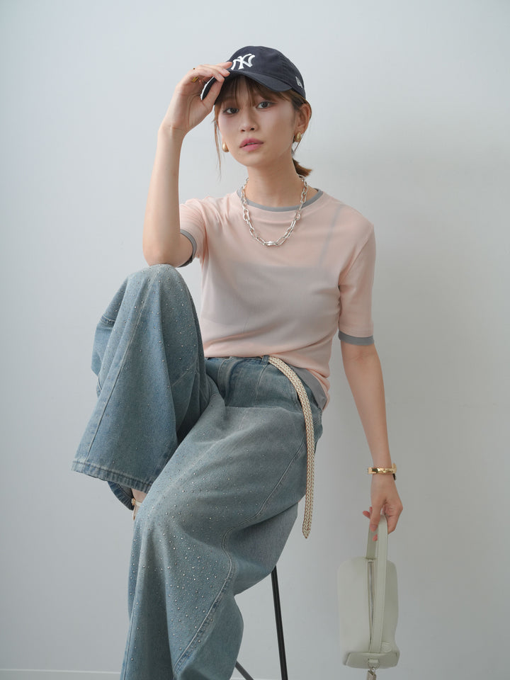 [SET]トリムレイヤードシアー半袖トップス+フロントビジューカーブデニムパンツ(2set)