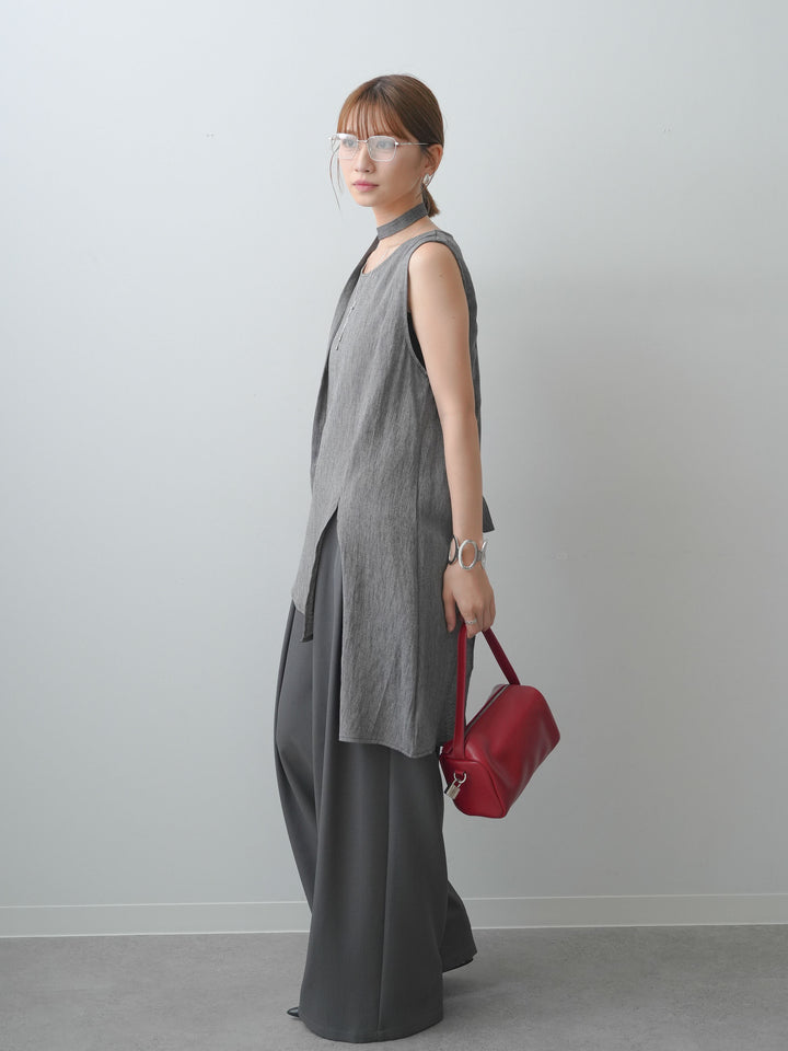 [SET]タイ付アシメヘムノースリトップス+ベルトループデザインワイドパンツ(2set)