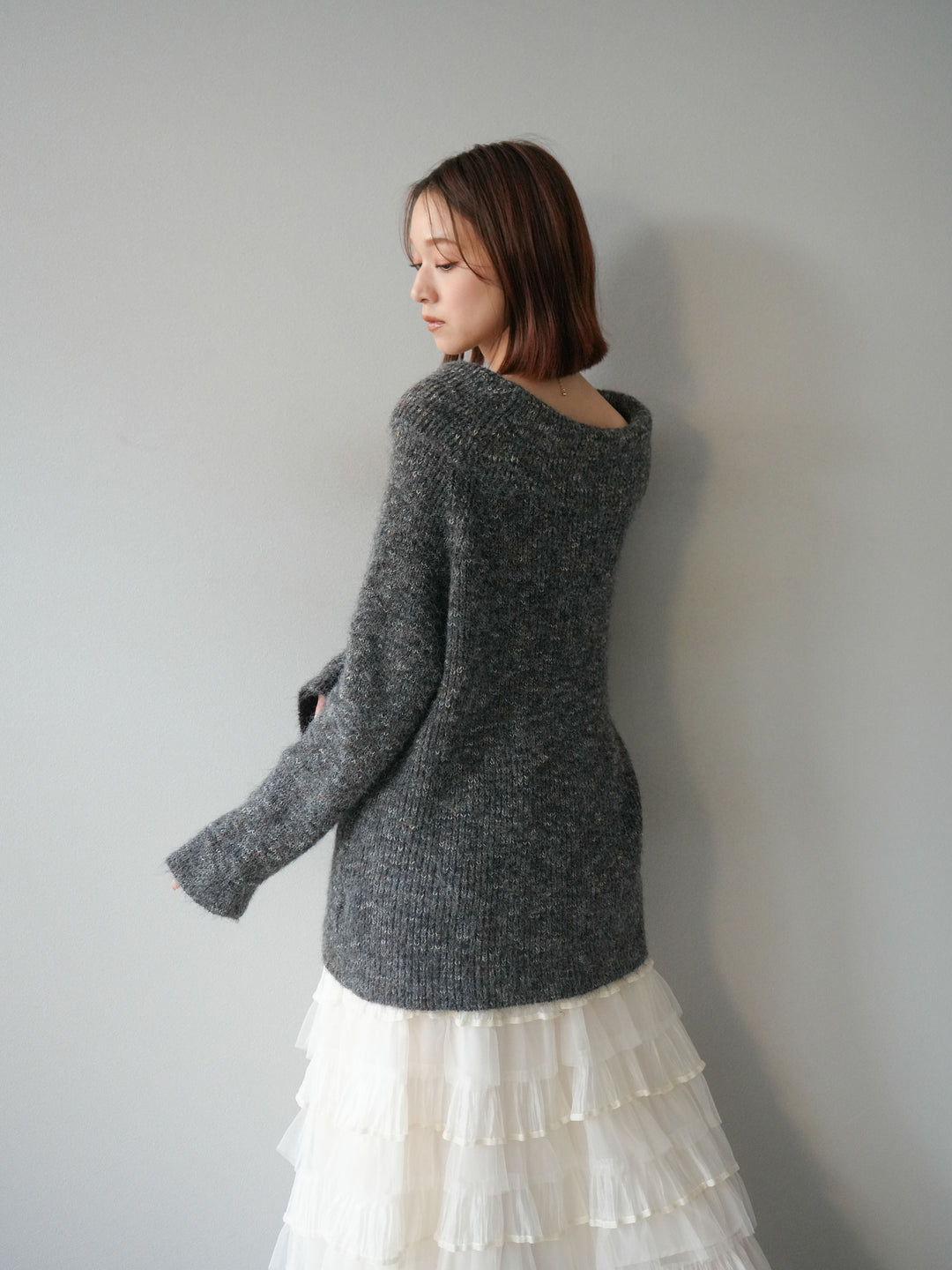 [予約]ミックスヤーンオフショルルーズニットプルオーバー/グレー