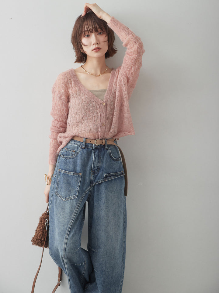 【套裝】破洞紋理透視針織開襟衫+露背交叉吊帶背心（內置胸罩）+不對稱口袋闊腿牛仔褲（三件套）
