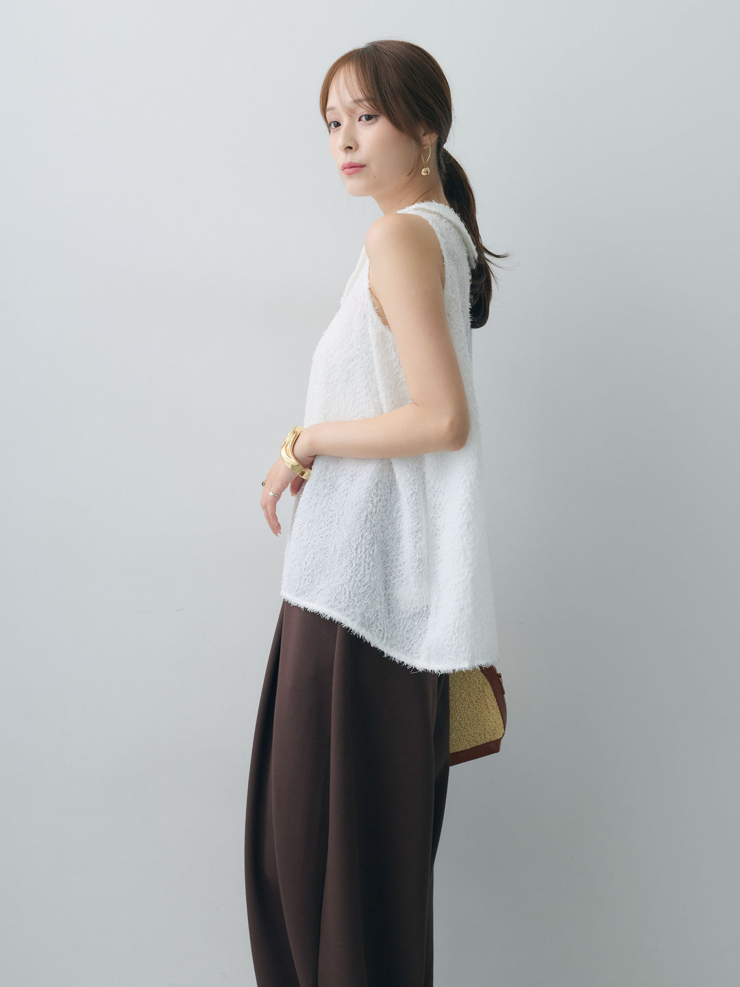 【套裝】羽毛觸感無袖喇叭上衣+束口抽繩收腰長褲（兩件套）