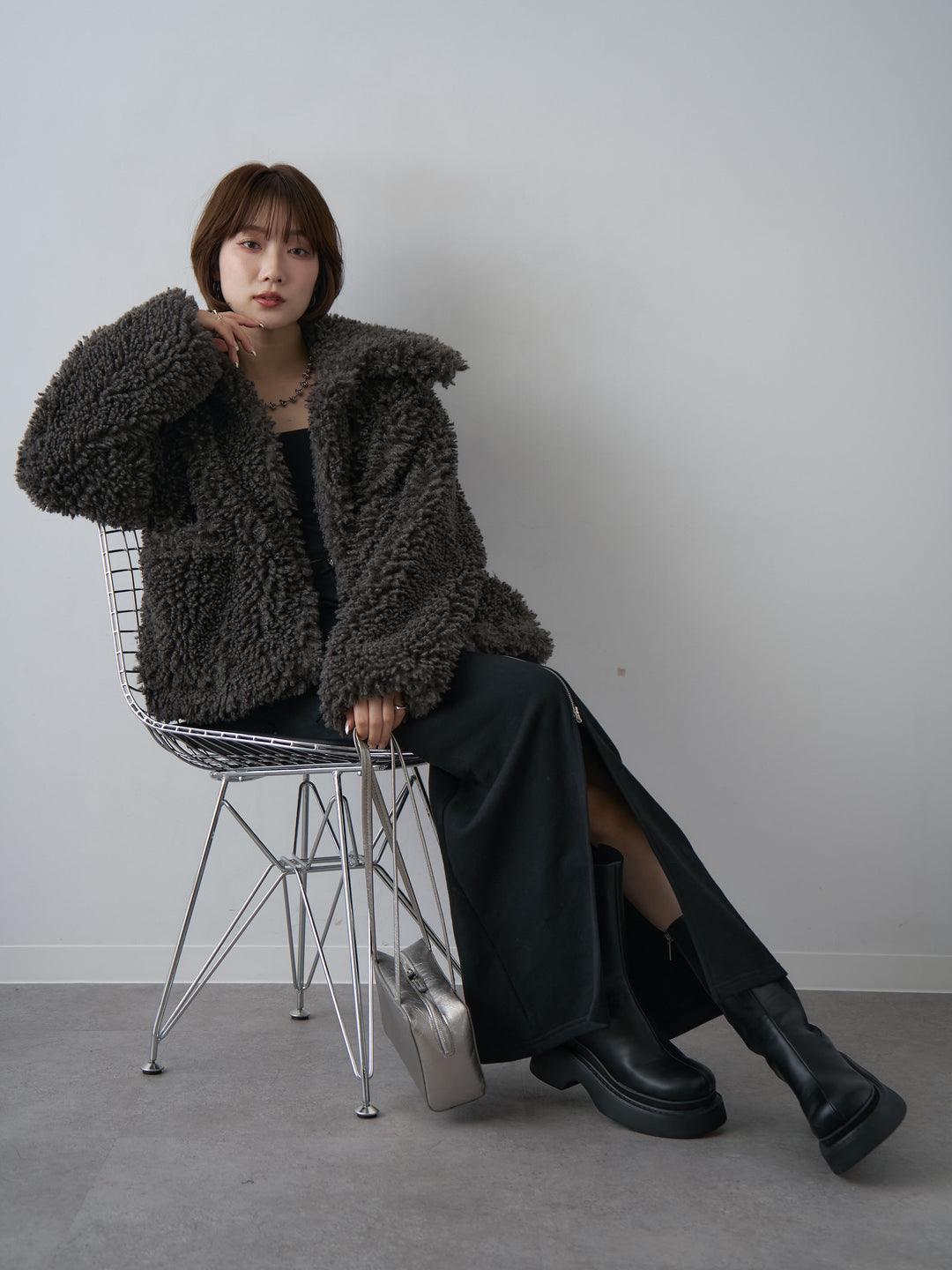 [SET]テディービッグカラーショートコート+カップ付テレコリブベアキャミソール(2set)