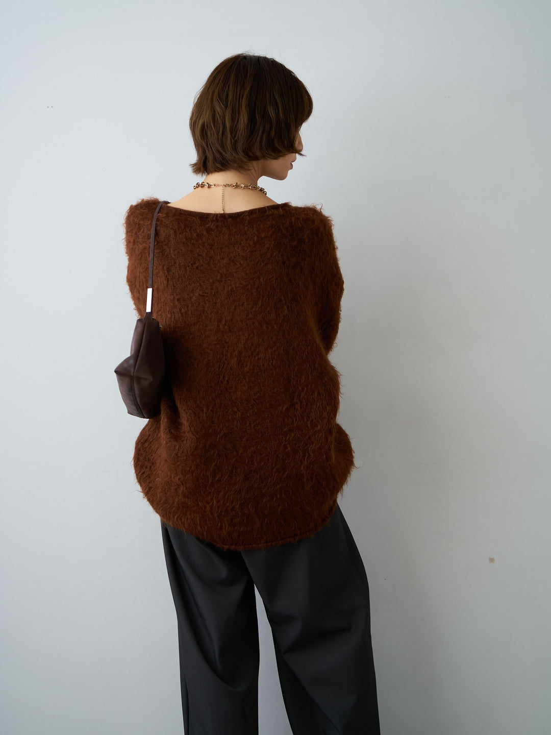 [予約]ボートネックシャギーオーバーニットトップス/brown