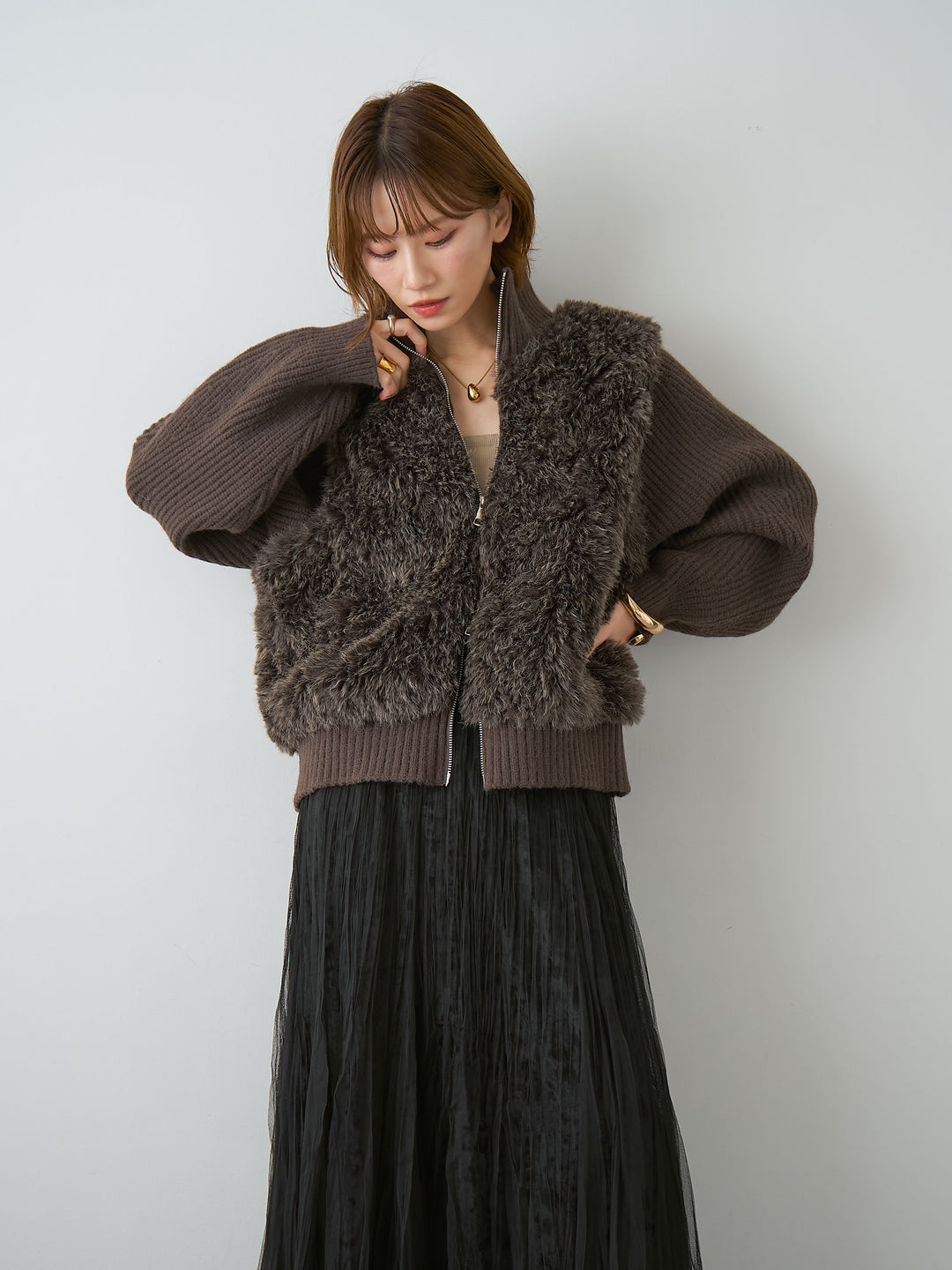 [SET]ファーコンビニットブルゾン+ファーコンビニットブルゾン(2set)