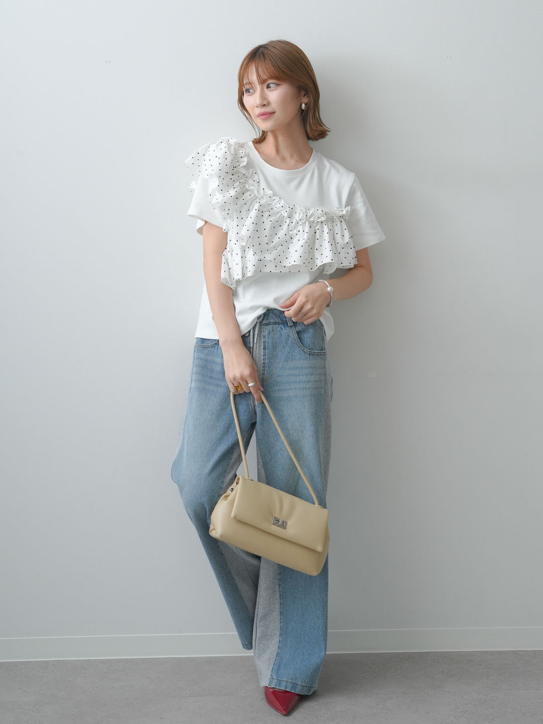 [SET]ドットギャザーフリルデザインTEE+デニム切替スウェットパンツ(2set)