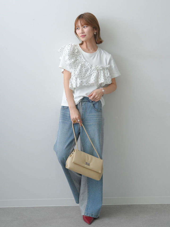 [SET]ドットギャザーフリルデザインTEE+デニム切替スウェットパンツ(2set)