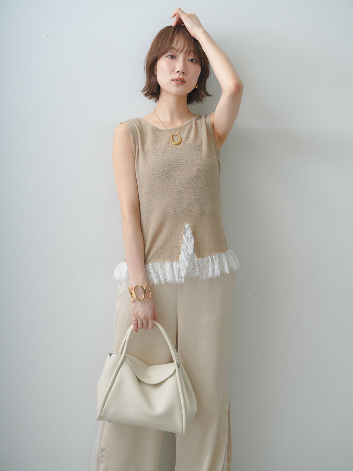 [予約]レースドッキングノースリニットトップス/beige