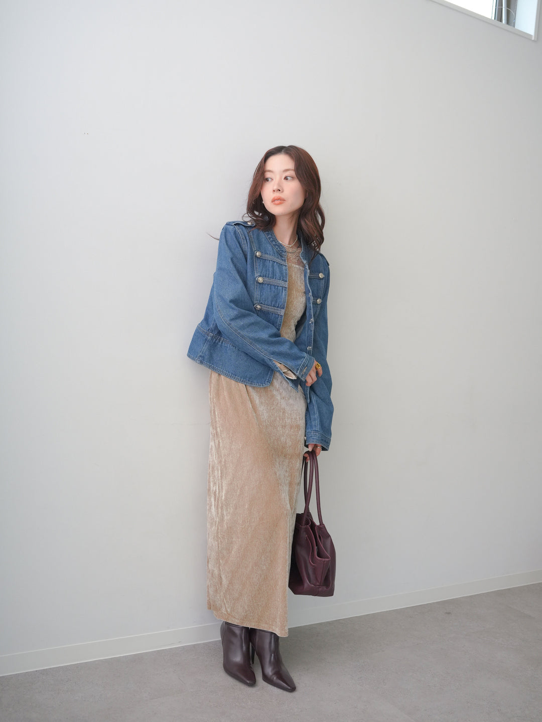 [予約]ベロアレースドッキングオフショルワンピース/beige