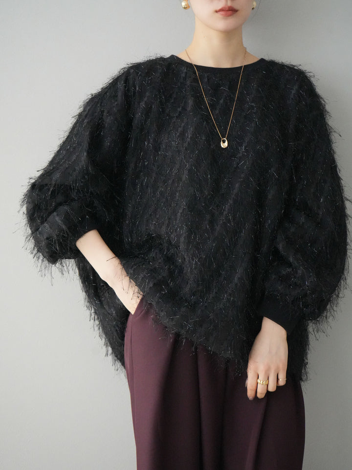 【預購】流蘇薄紗多層抓絨套頭衫/黑