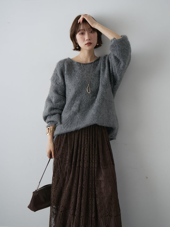 [予約]ボートネックシャギーオーバーニットトップス/darkgray