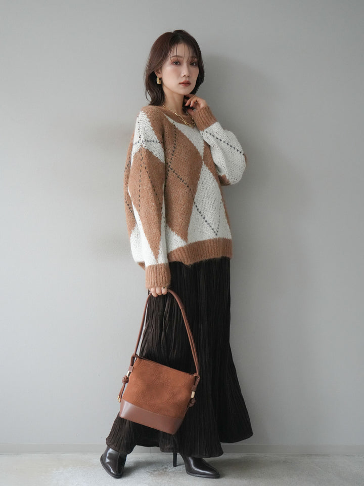 [SET]アーガイルオーバーニットプルオーバー+スエードワッシャープリーツスカート(2set)