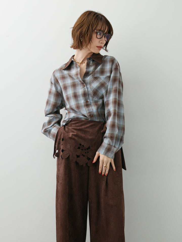 [SET]チェックオーバーシャツ+スウェードタッチカットワークワイドパンツ(2set)