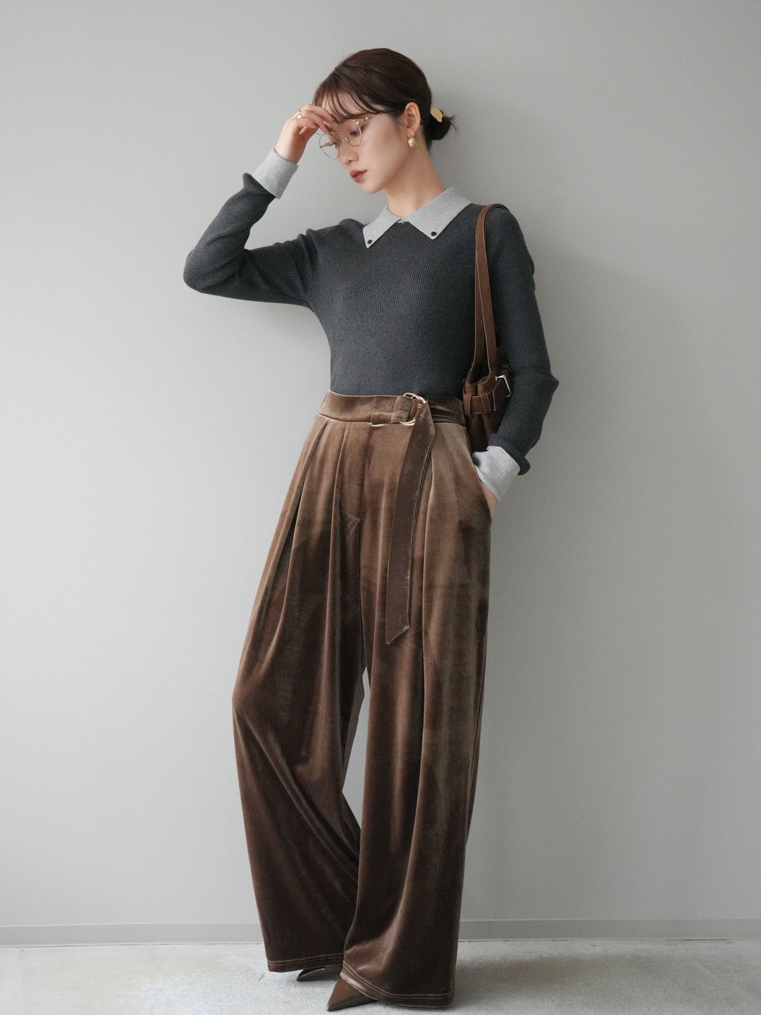 [予約]ベロアベルトスリムパンツ/camel