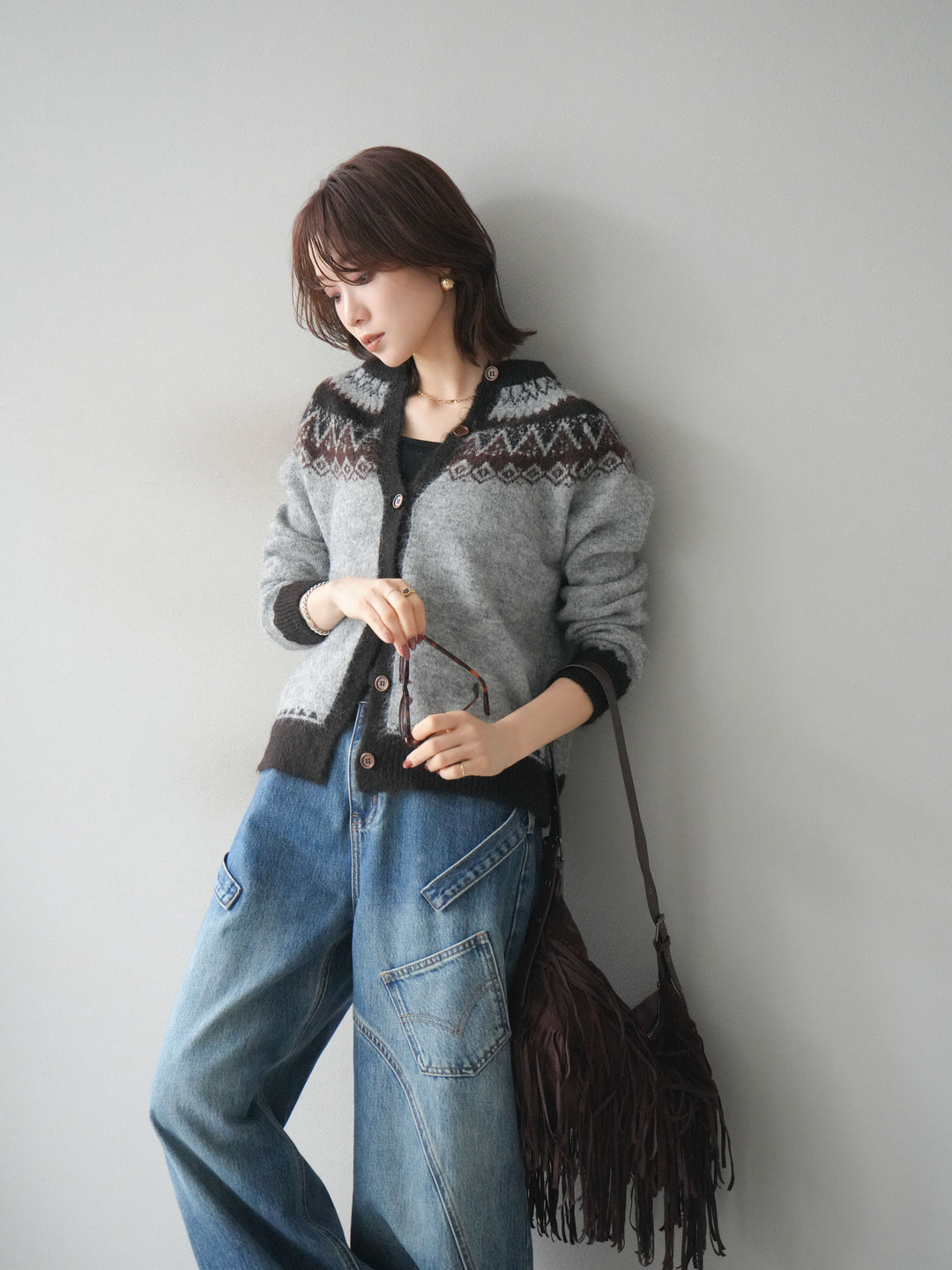 [SET]ノルディック柄ニットカーディガン+ペインターカーブデニムパンツ(2set)