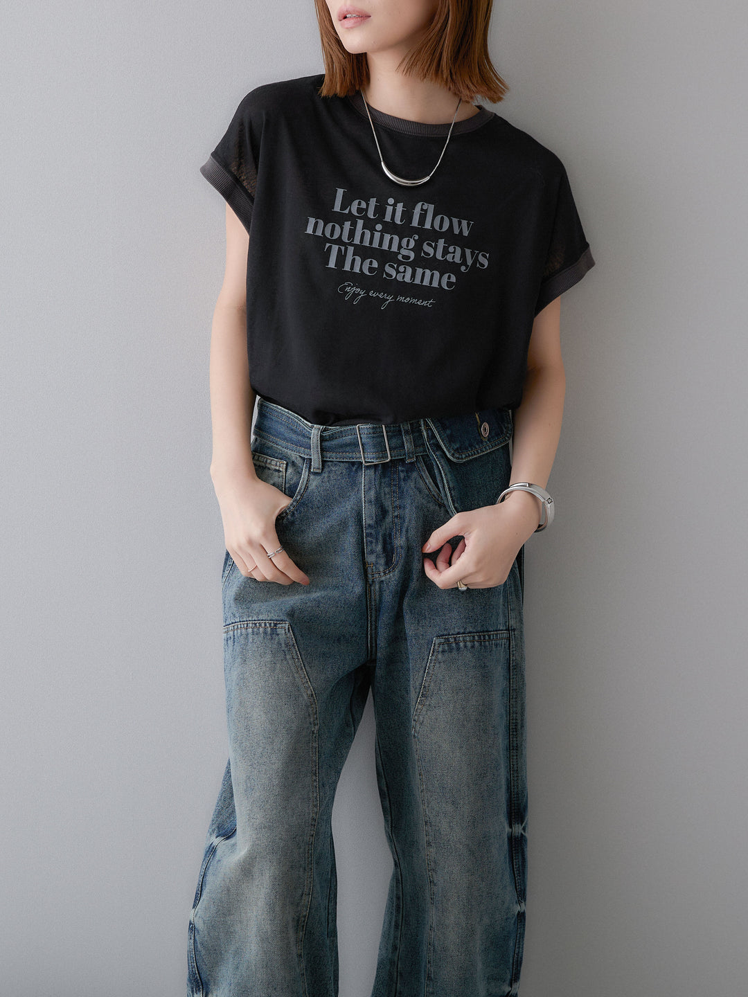 [SET]シアースラブバイカラーフレンチTEE+マルチポーチ付立体カーブデニム(2set)