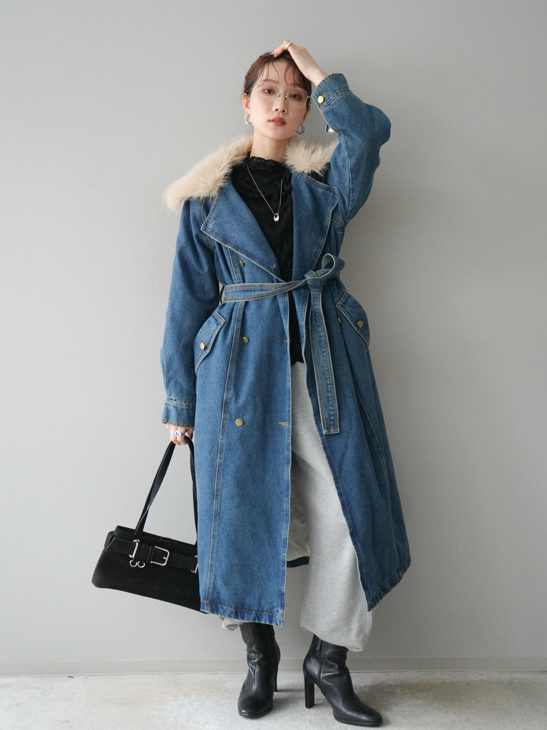 [予約]ファー襟デニムロングコート/blue