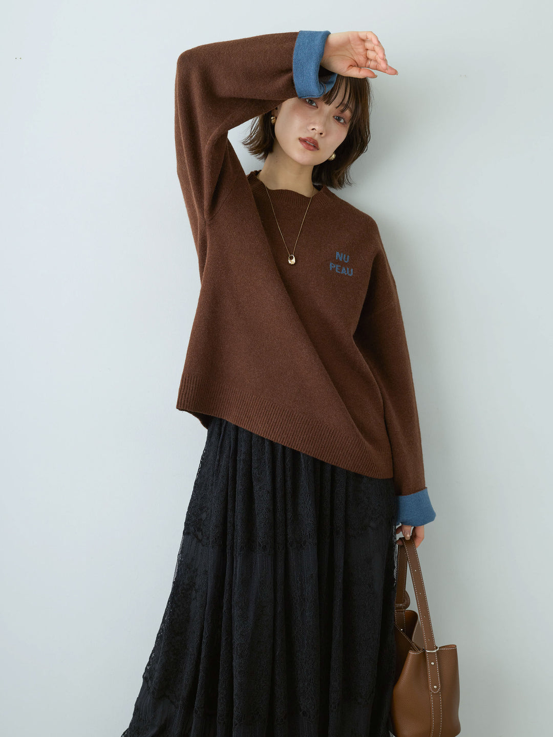 [予約]アルパカタッチバイカラーニットトップス/brown