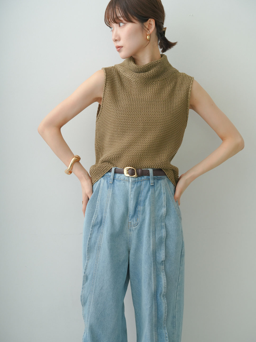 [予約]ドライタッチオフタートルメッシュニットトップス/camel