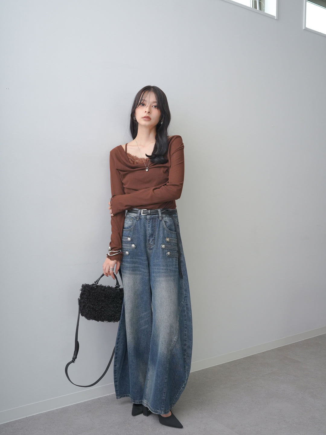 [予約]レースレイヤードデザインドレープシアートップス/brown