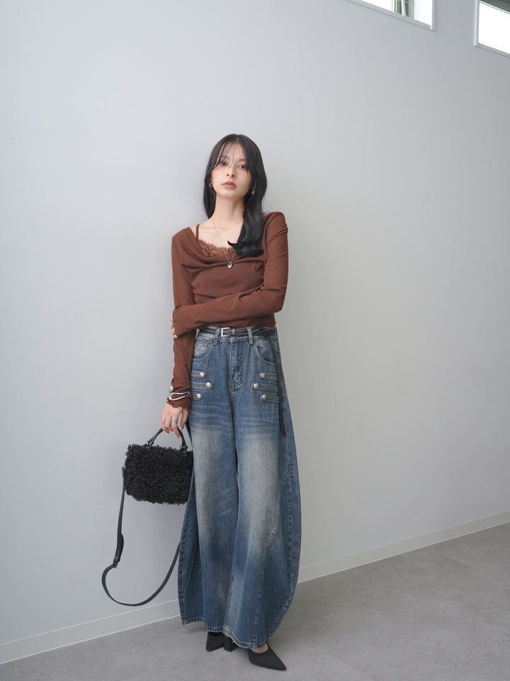 [予約]レースレイヤードデザインドレープシアートップス/brown