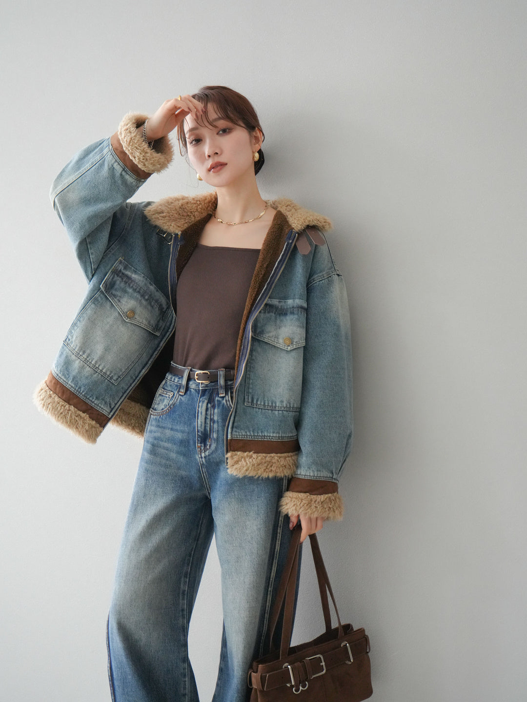 [予約]スタンドカラーファー×デニムジャケット/lightblue