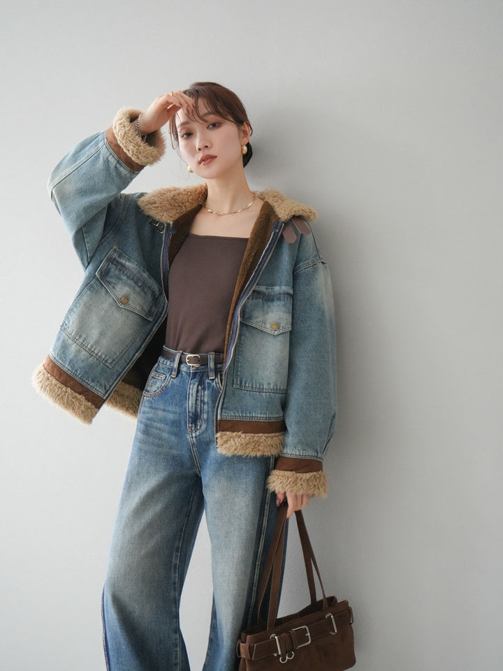 [予約]スタンドカラーファー×デニムジャケット/lightblue