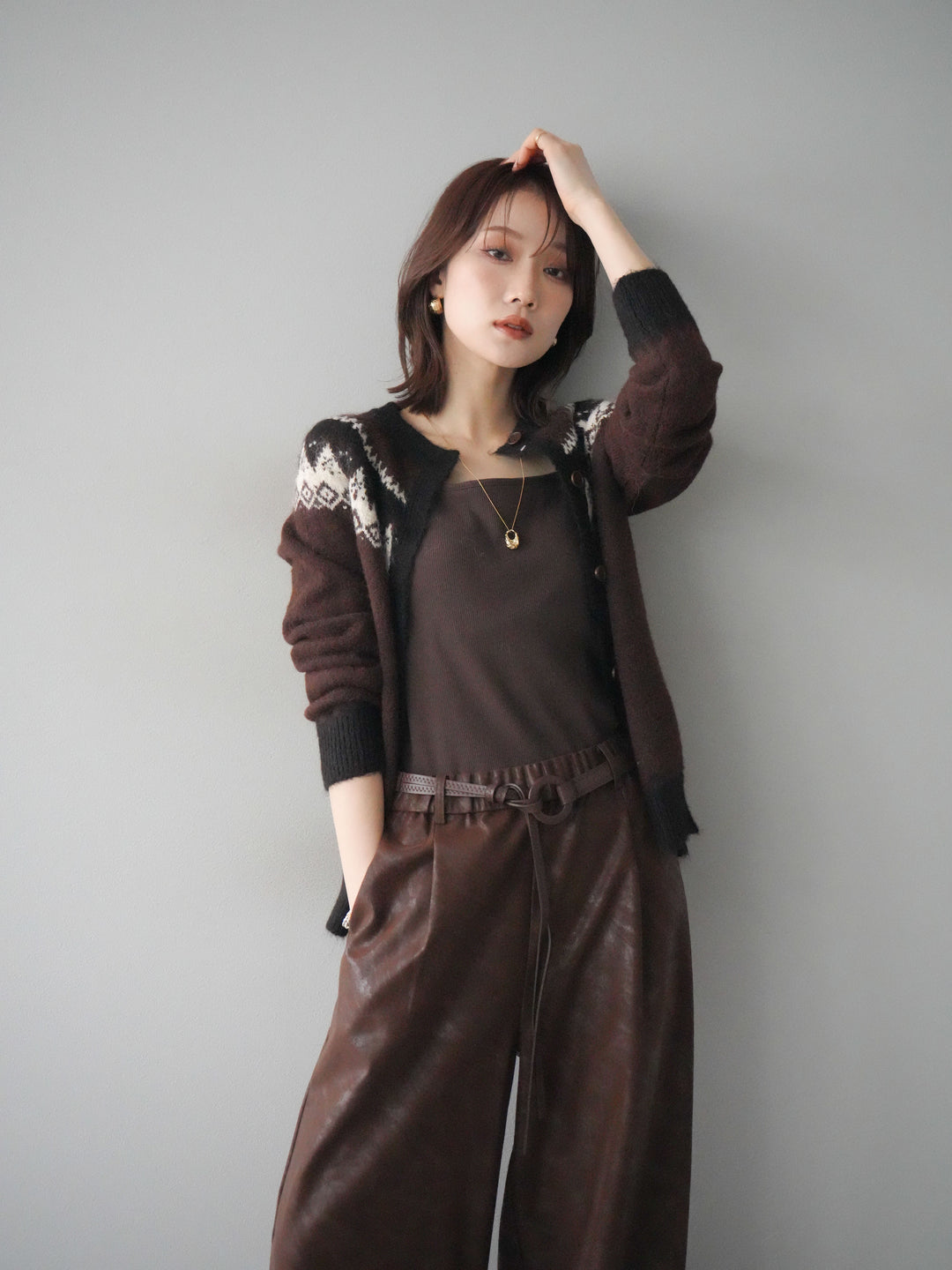 [予約]ノルディック柄ニットカーディガン/brown