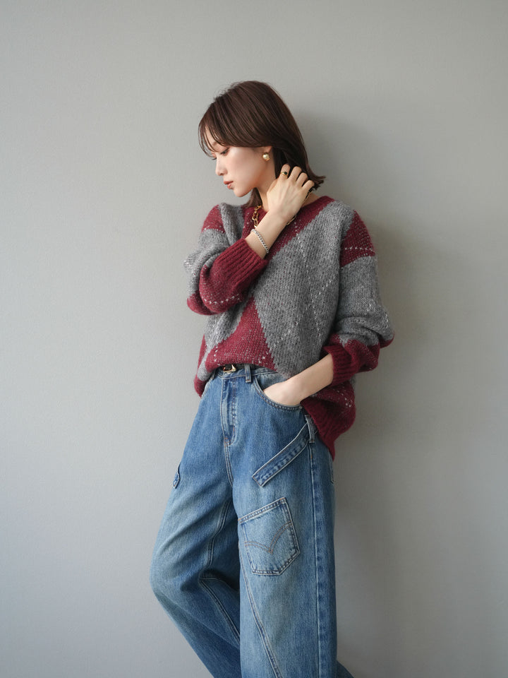 [予約]アーガイルオーバーニットプルオーバー/bordeaux