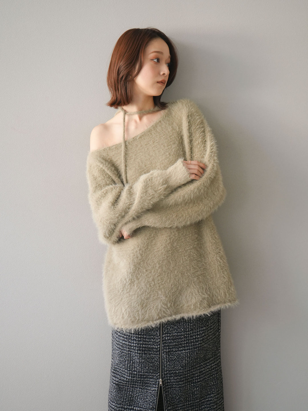 [予約]紐付きシャギーニットプルオーバー/beige